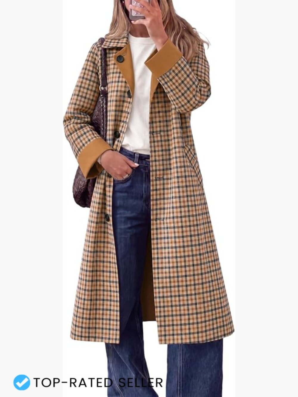 Long Trench Coat Reversible Plaid Windproof Overcoat Chic Classic Layer